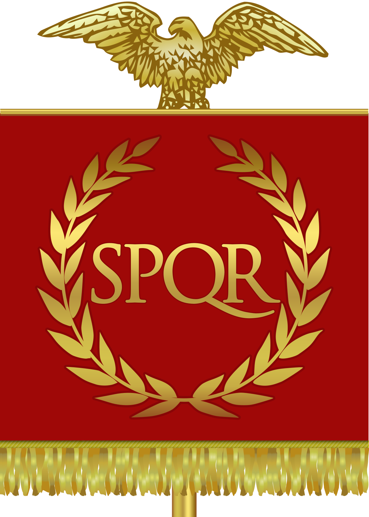By Ssolbergj - The vexilloid of the Roman Empire was a red banner with the letters SPQR in Gold surrounded by a gold wreath hung on a military standard topped by a Roman eagle or an image of the goddess Victoria made of silver or bronze.[1][2][3][4], CC BY 3.0, https://commons.wikimedia.org/w/index.php?curid=4249122